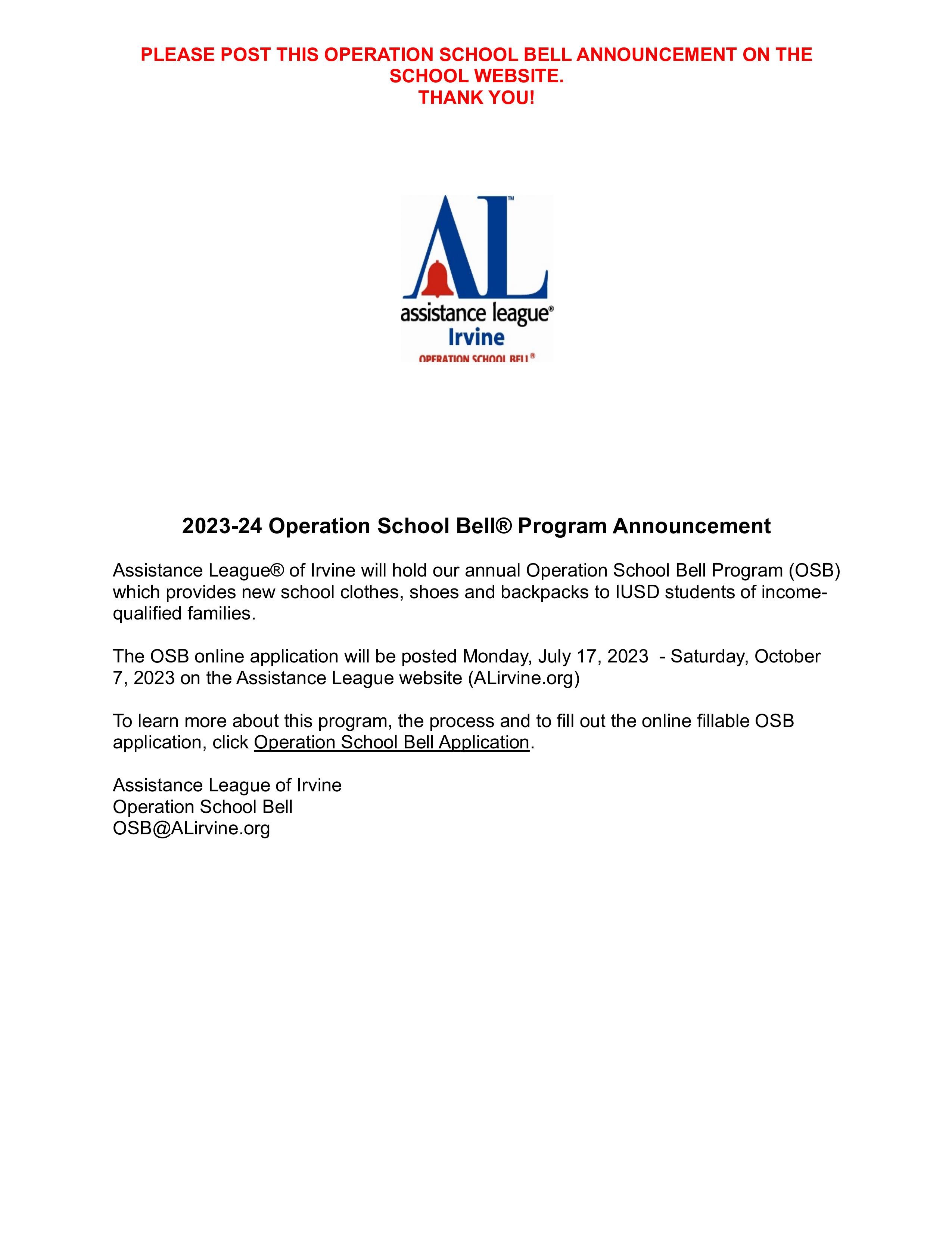 assistance league Irvine announcement
